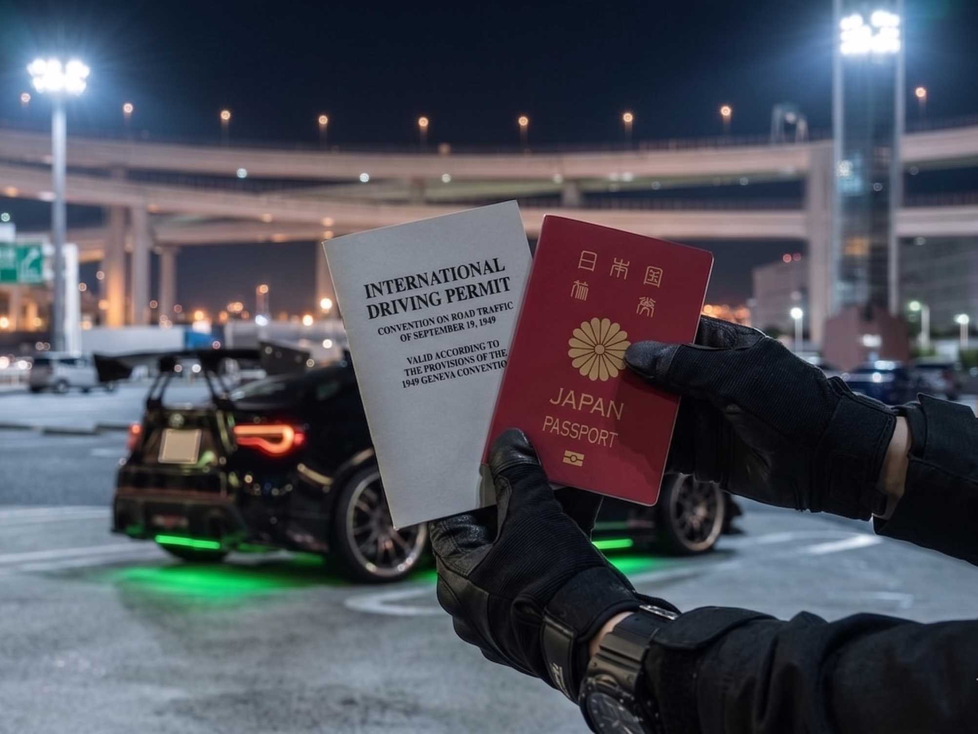 A driver holding a 1949 Geneva Convention International Driving Permit (IDP) and passport in front of a custom JDM Toyota 86 at night in Tokyo.