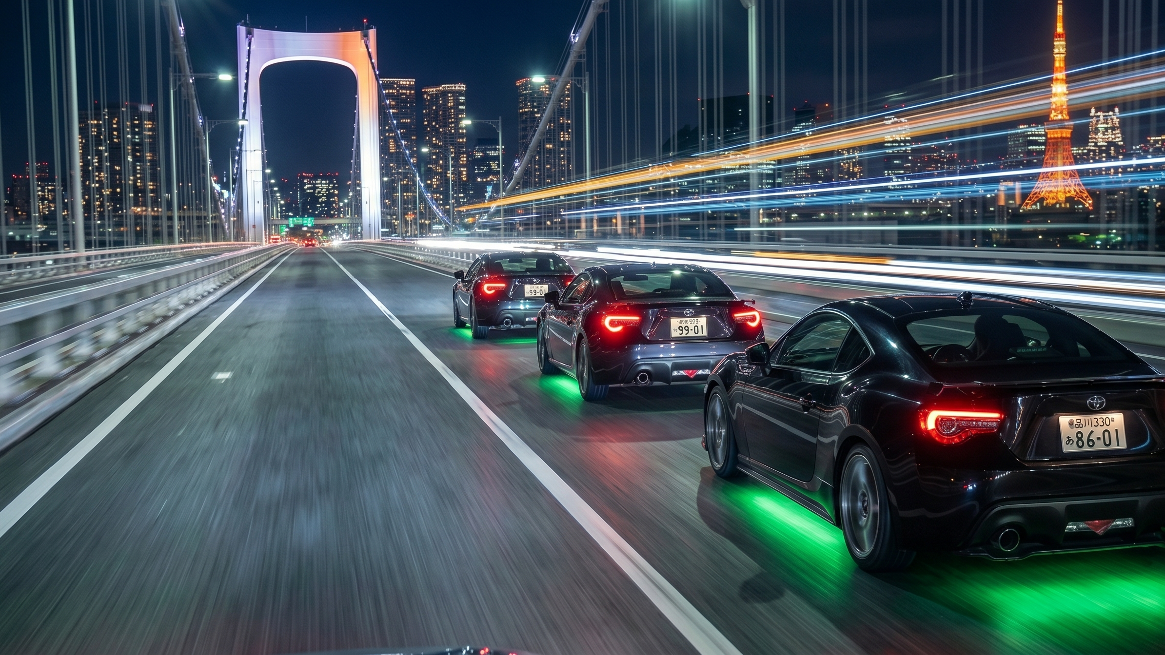 Professional automotive rolling shot of a JDM sports car convoy driving across the illuminated Tokyo Rainbow Bridge at night.