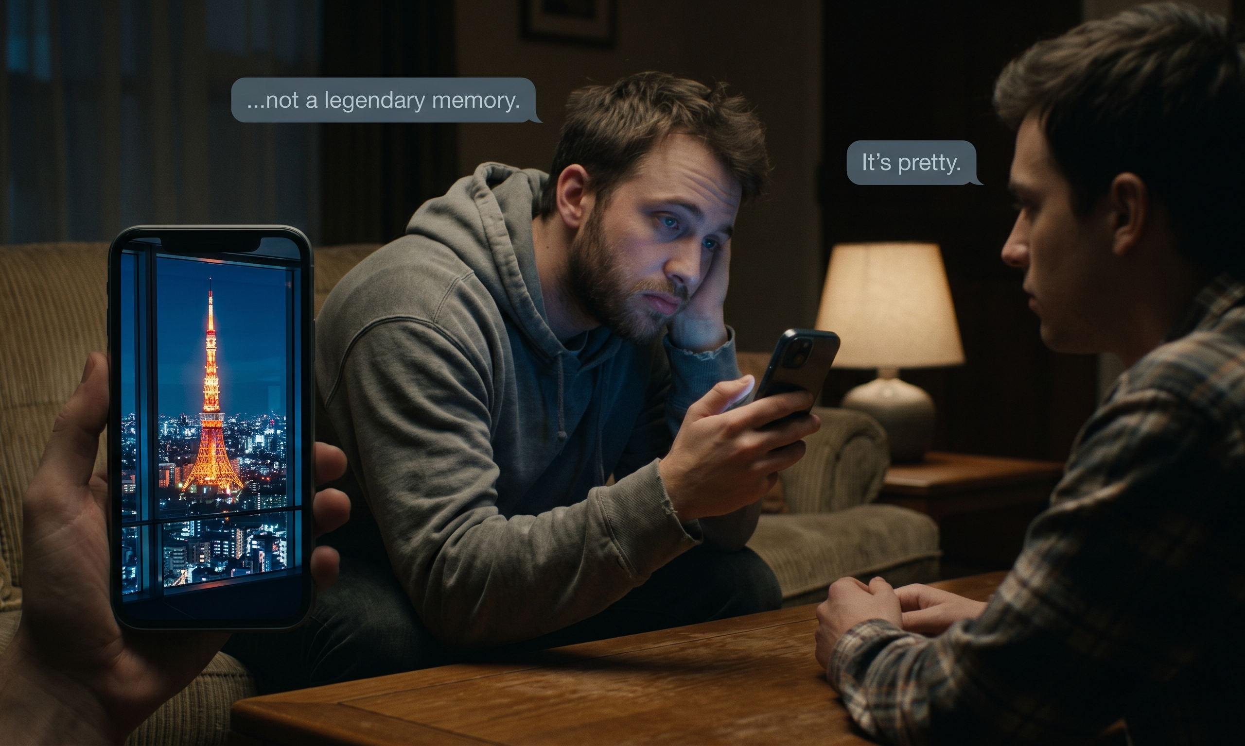 Friends looking at standard Tokyo vacation photos on a smartphone, illustrating the lack of impact compared to a cinematic night drive.