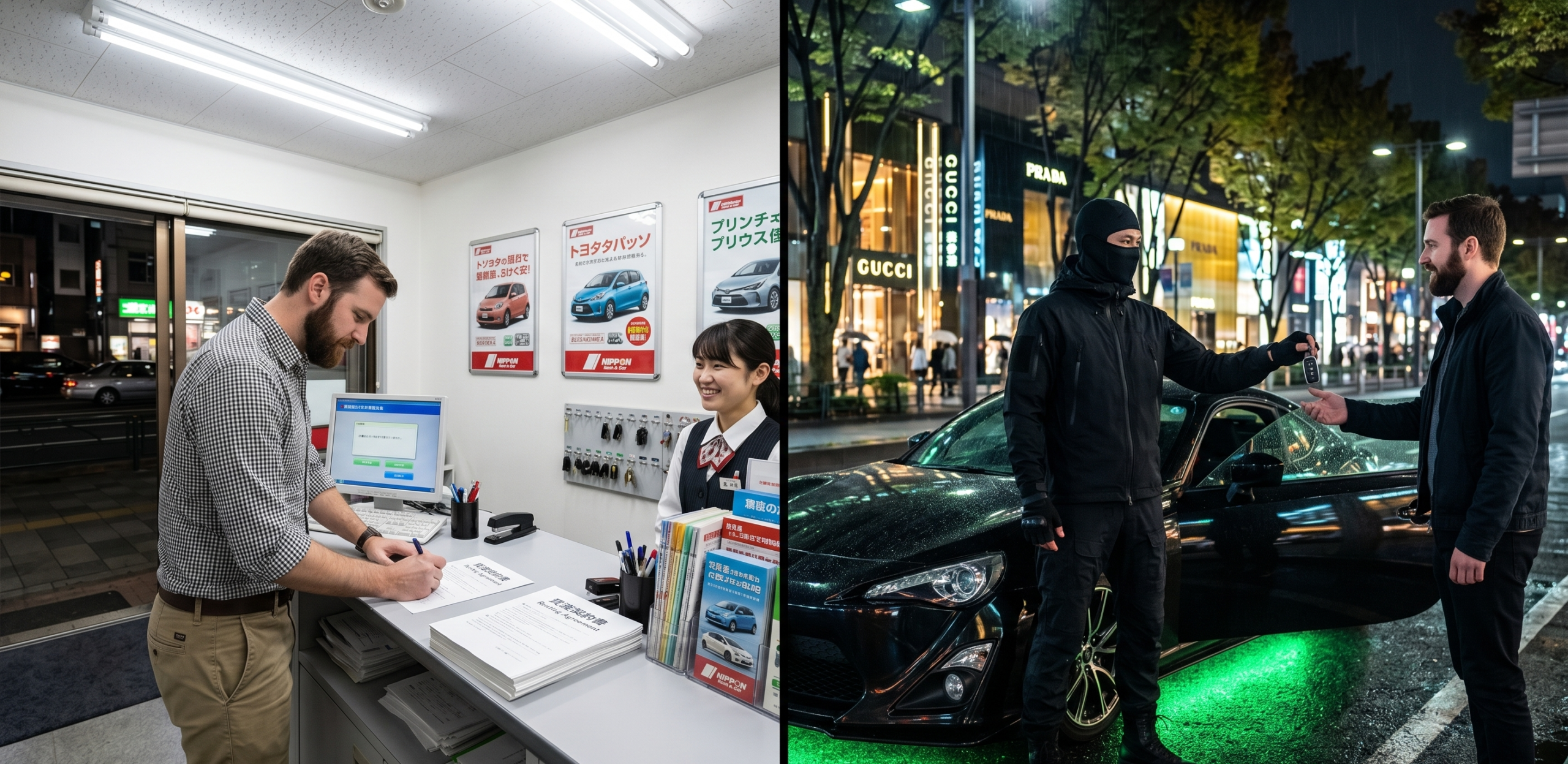Comparison of a stressful standard car rental counter in Japan versus starting a premium, guided JDM night drive on the neon streets of Tokyo.