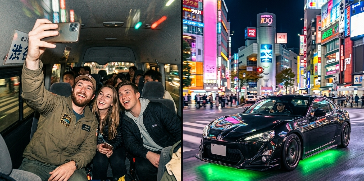 Comparison of tourists in a crowded van tour versus driving a premium JDM sports car through the neon-lit streets of Tokyo at night.