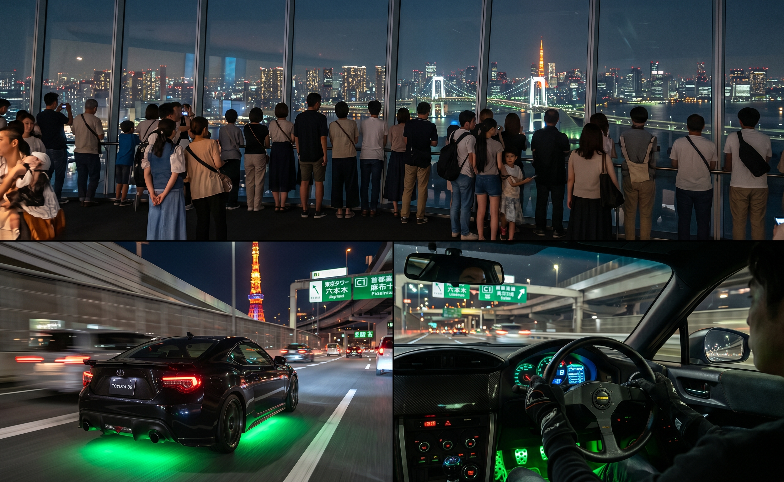 Comparison of tourists passively looking from a Tokyo observation deck versus actively driving a premium JDM sports car towards Tokyo Tower at night.