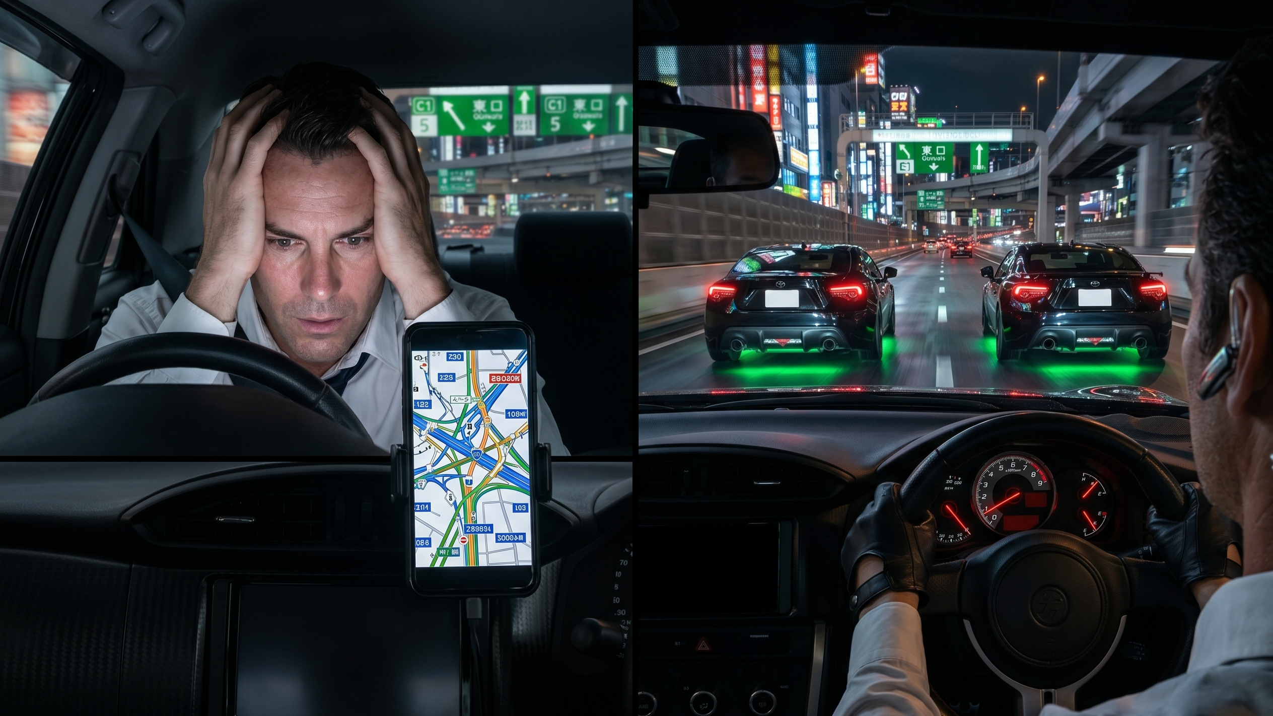 Comparison of a stressed tourist struggling with a GPS in a rental car versus a confident driver following a premium guided JDM convoy in Tokyo.