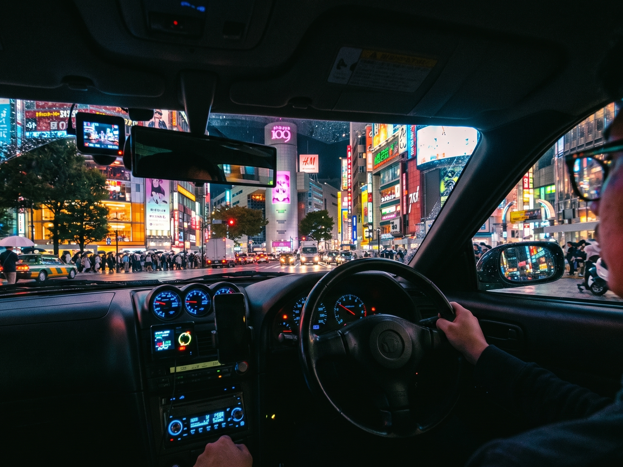 View from inside the cockpit of a JDM sports car driving safely through the bright neon streets of Tokyo at night.