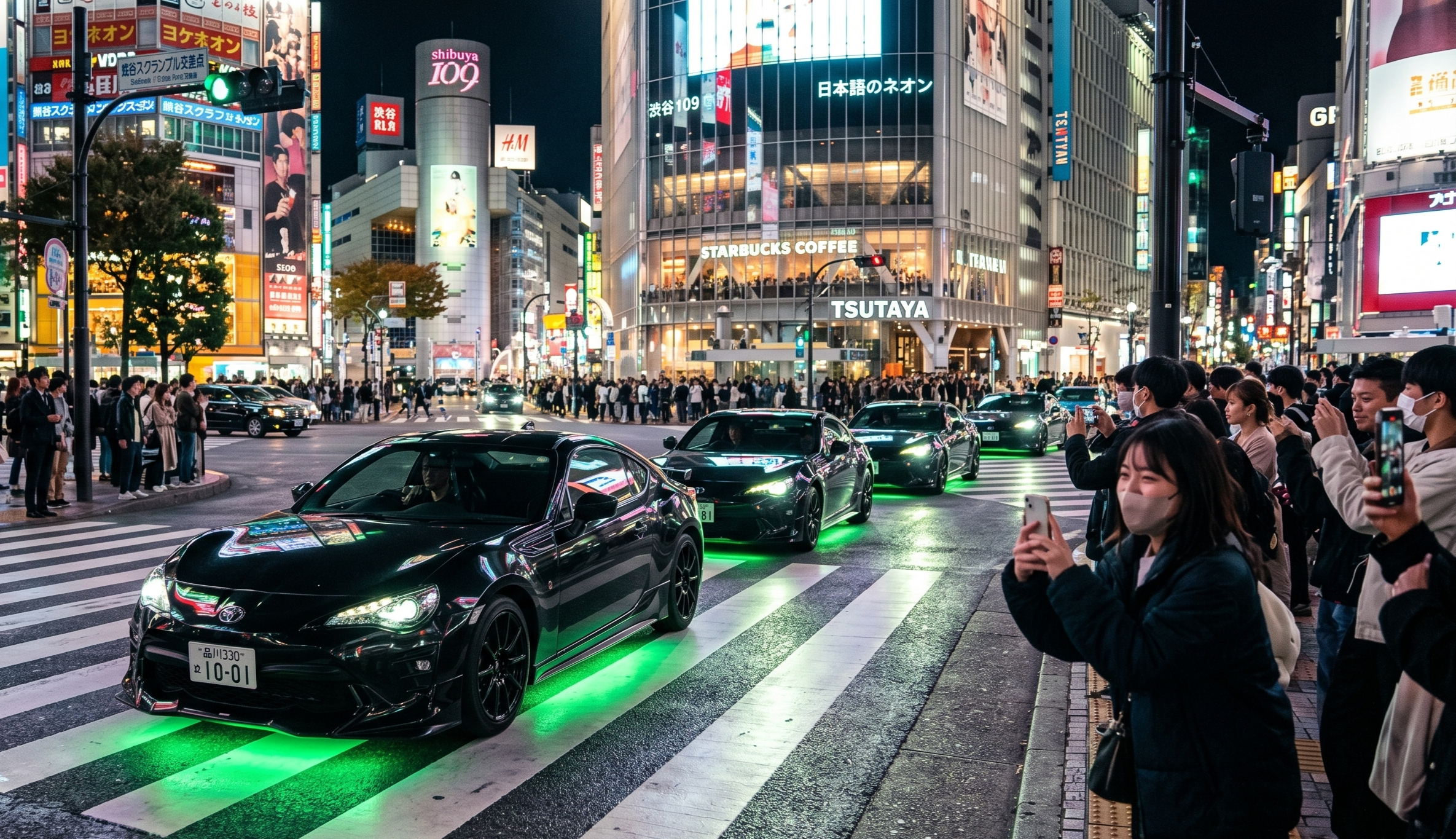 Pedestrians taking photos of a custom JDM Toyota 86 driving through Shibuya Scramble Crossing, showcasing the cinematic main character experience.