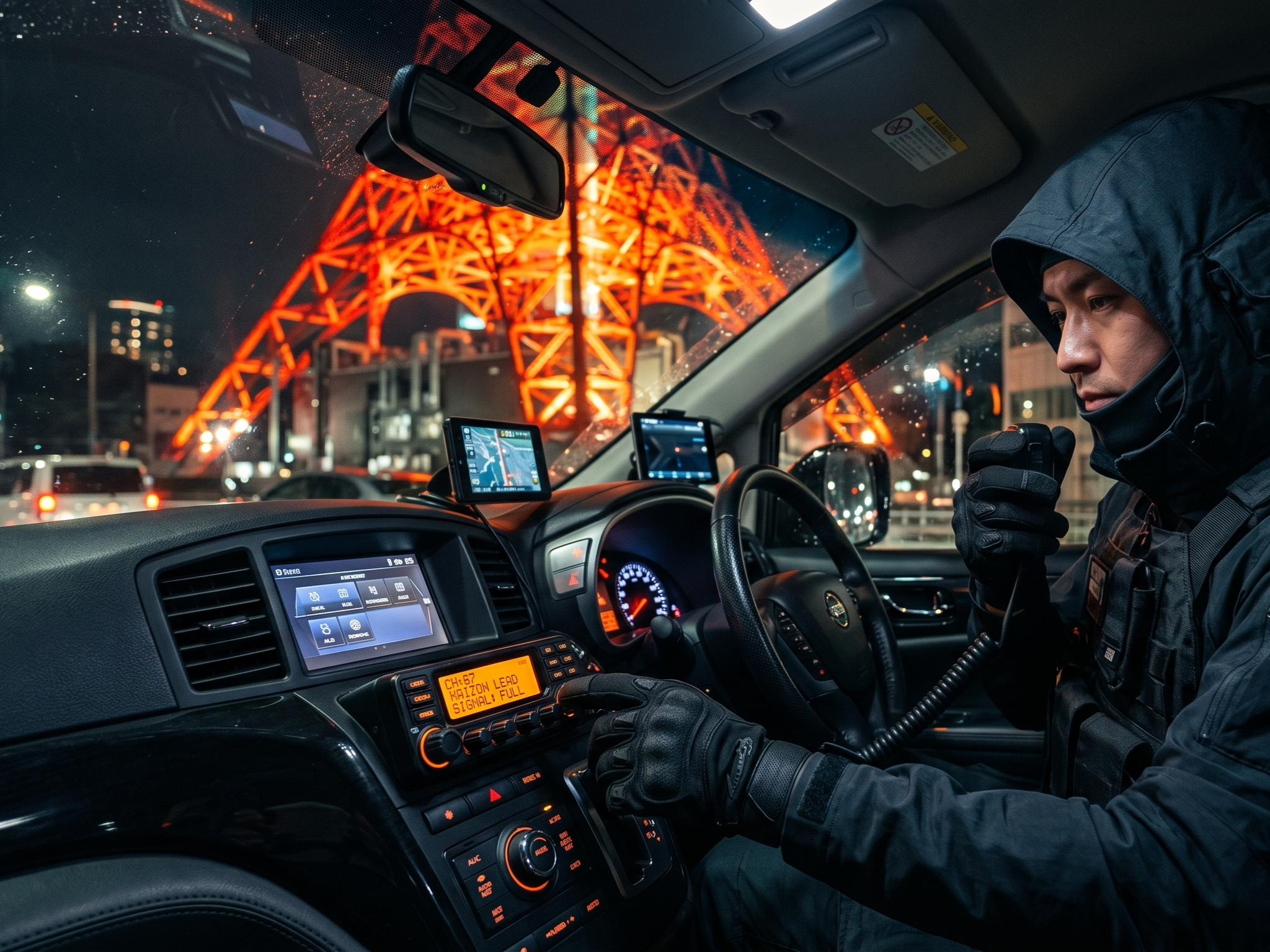 Inside the cockpit of a JDM sports car during a guided Tokyo night drive, communicating via two-way radio with the illuminated Tokyo Tower in the background.