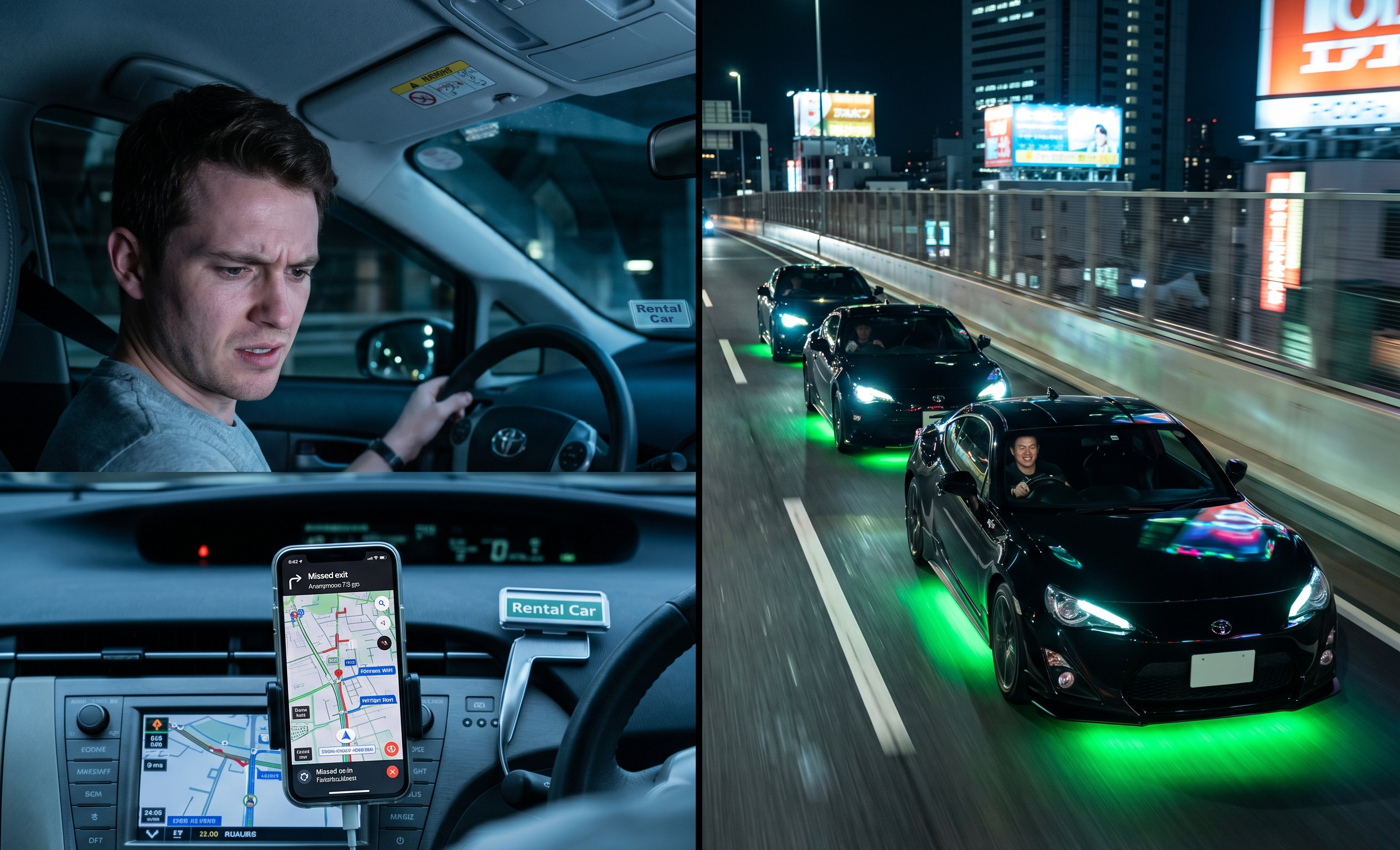 Comparison of a stressed tourist navigating a standard rental car versus a smooth, premium JDM night drive convoy on the Tokyo Shuto Expressway.