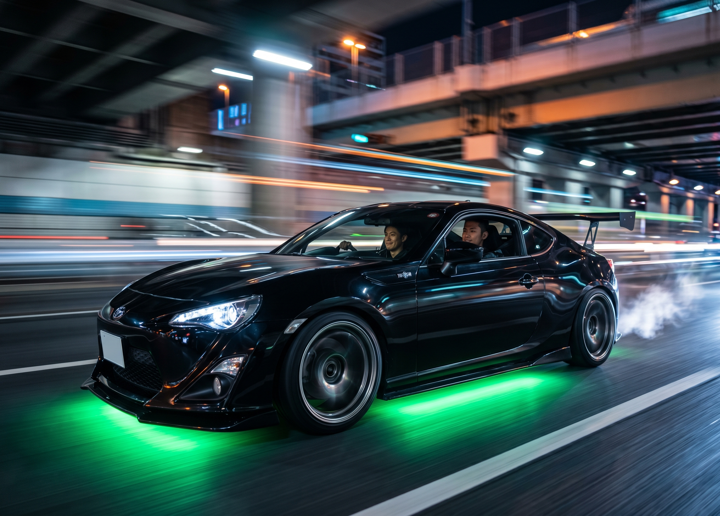 Professional automotive rolling shot of a customized JDM Toyota 86 speeding through an illuminated Tokyo highway tunnel at night.