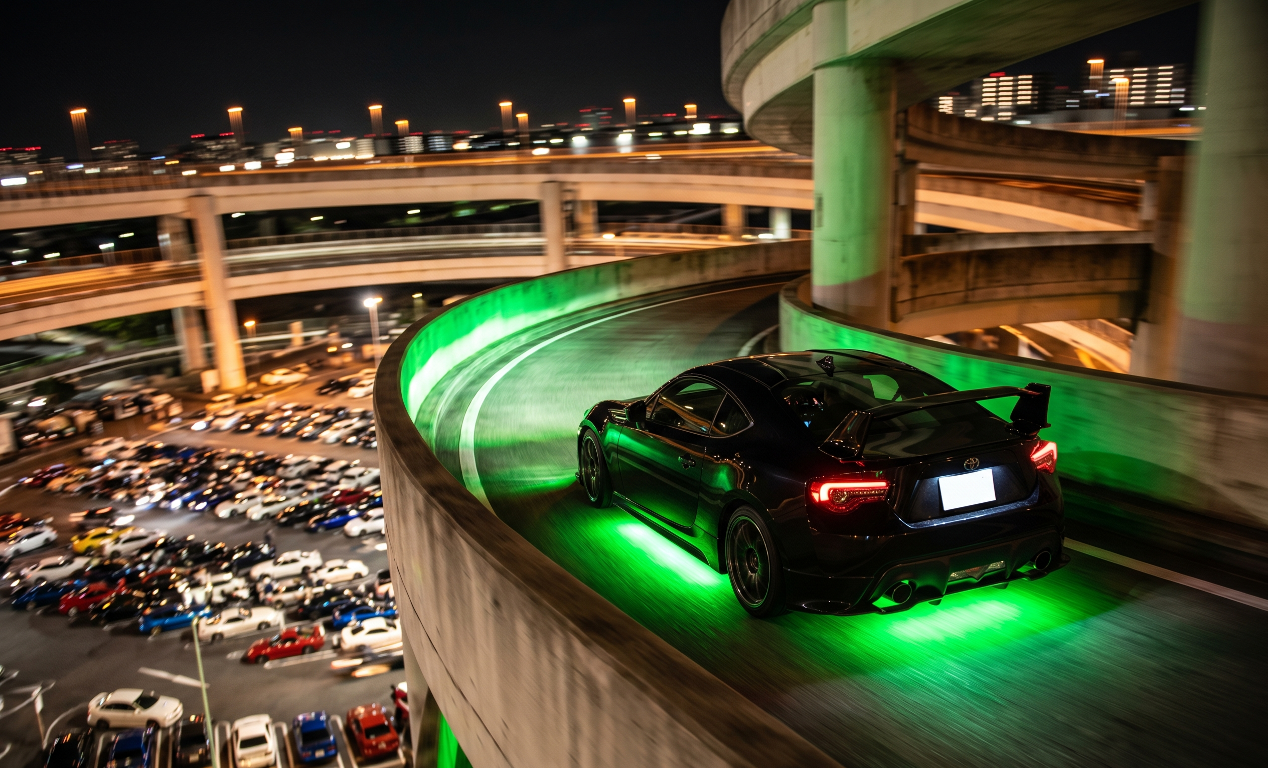 A customized JDM Toyota 86 with neon underglow driving down the famous Daikoku PA spiral ramp on a busy Saturday night.