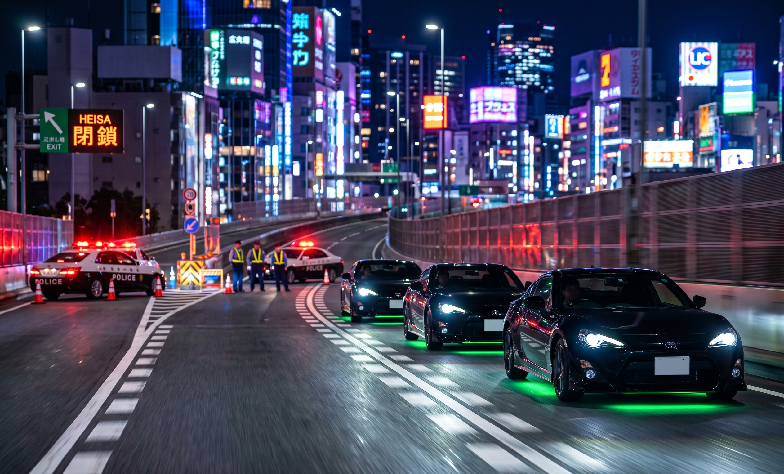 A convoy of premium JDM sports cars smoothly rerouting through neon-lit Tokyo streets after a Daikoku PA police closure.