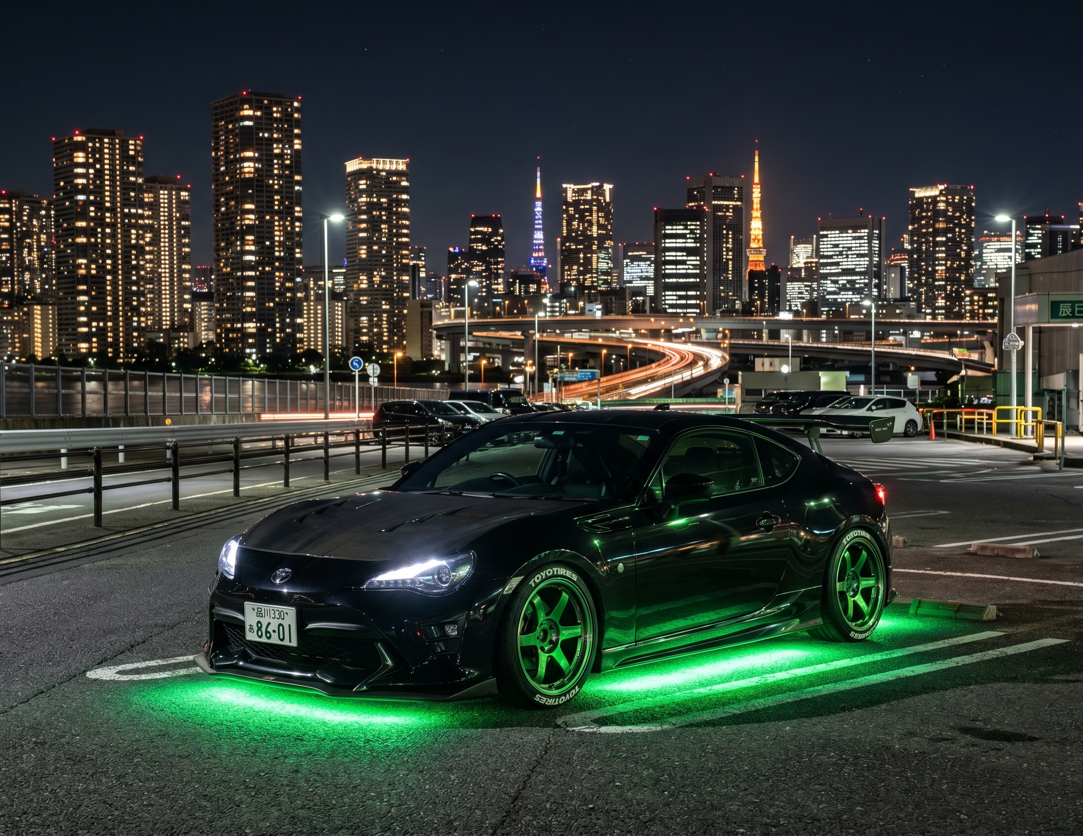 A tuned Toyota 86 parked safely at Tatsumi PA, enjoying the cinematic Tokyo skyline view during a premium guided night drive.