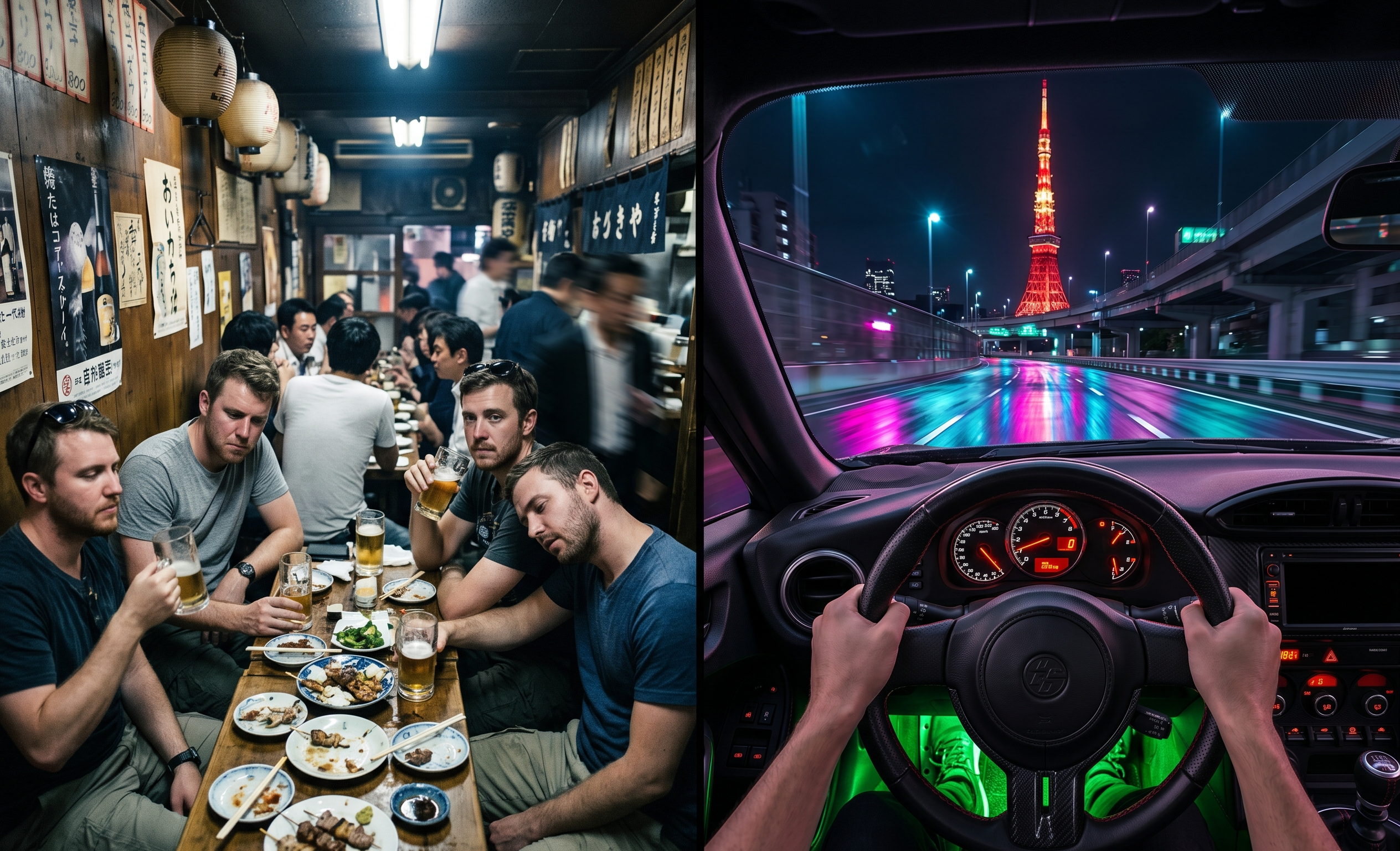 Comparison of a standard crowded Tokyo Izakaya versus the exclusive experience of driving a custom JDM sports car toward Tokyo Tower at night.