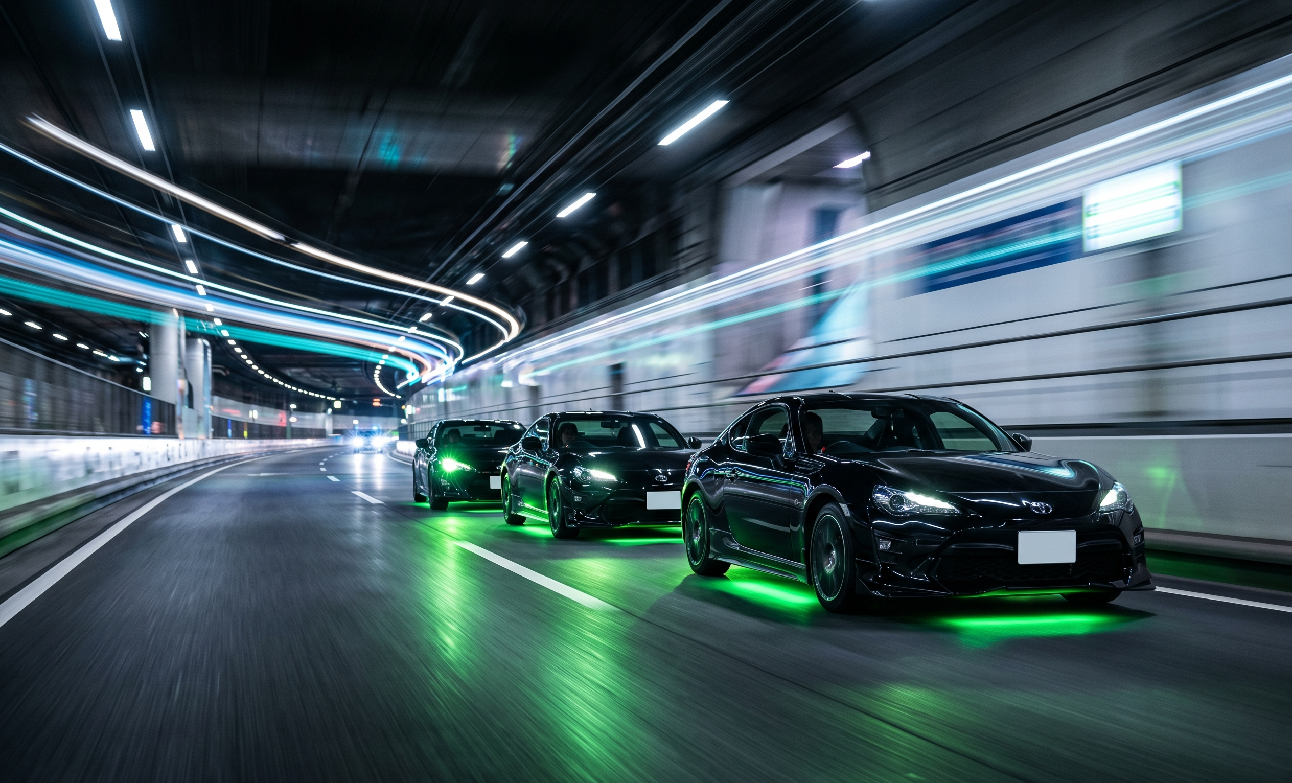 Professional high-speed rolling shot of a premium JDM sports car convoy with green neon underglow navigating an illuminated Tokyo highway tunnel.
