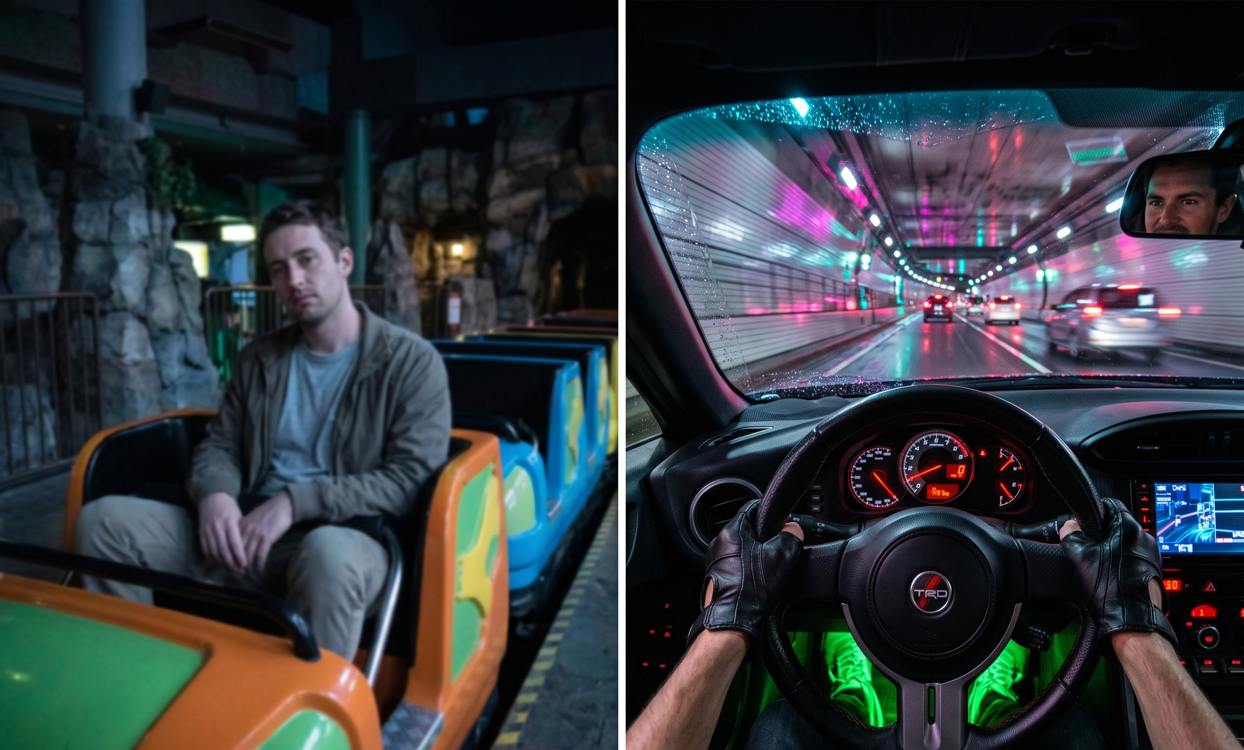 Comparison of a passive theme park ride versus the real-world thrill of driving a premium JDM sports car through a neon Tokyo highway tunnel.