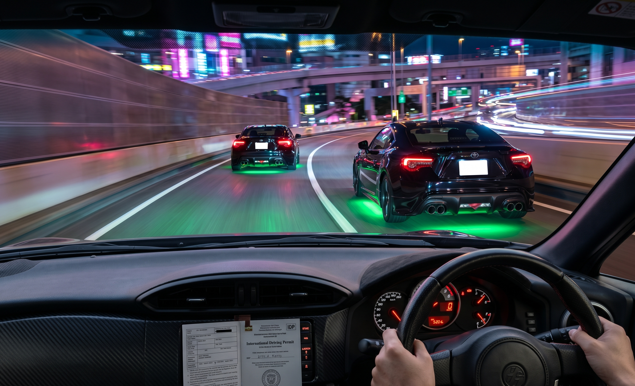 Cockpit view following a professional lead guide vehicle and a premium JDM sports car convoy on the Tokyo Shuto Expressway at night.