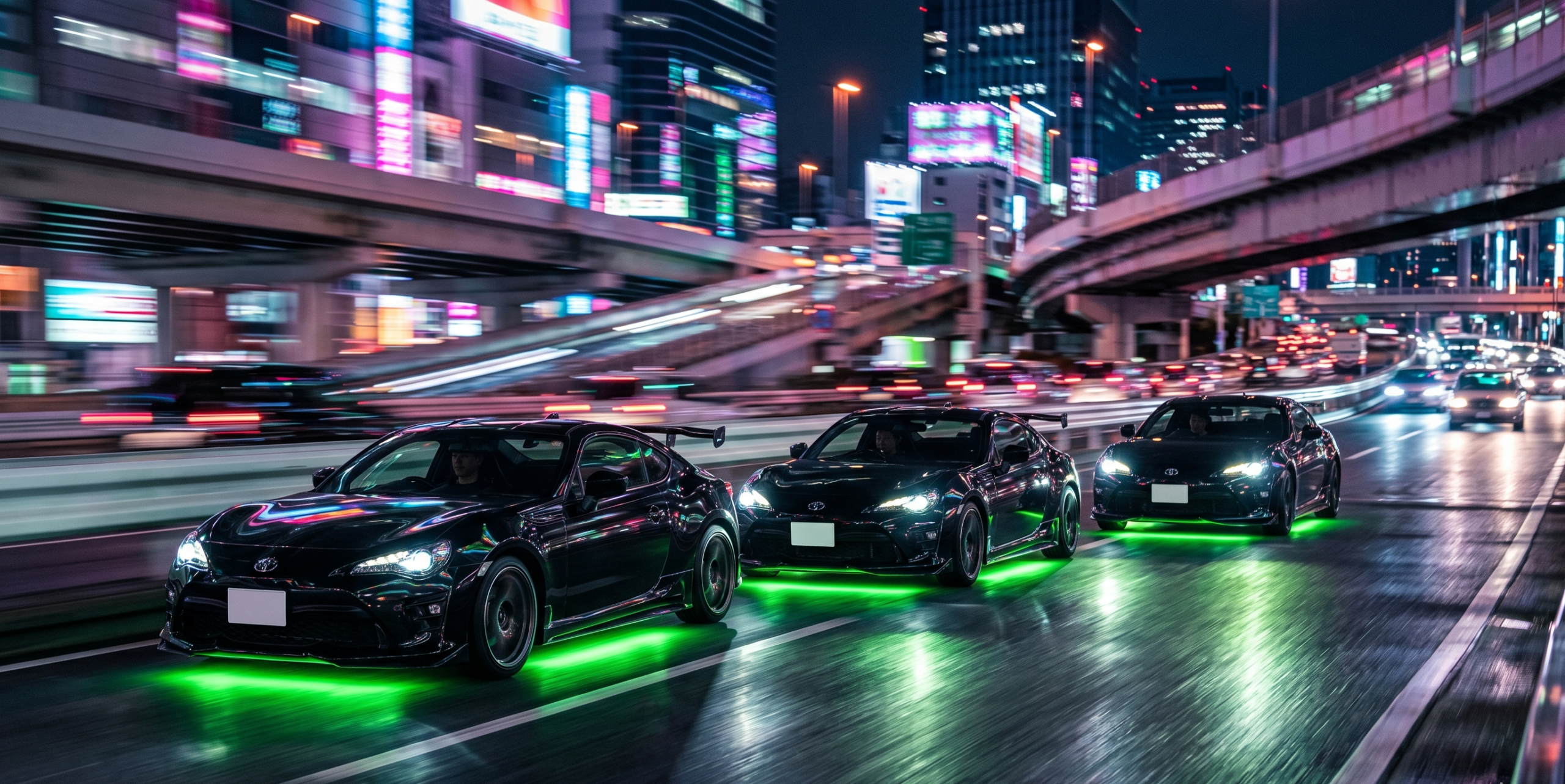 A premium convoy of custom JDM Toyota 86 sports cars with green neon underglow driving on the Tokyo highway at night.