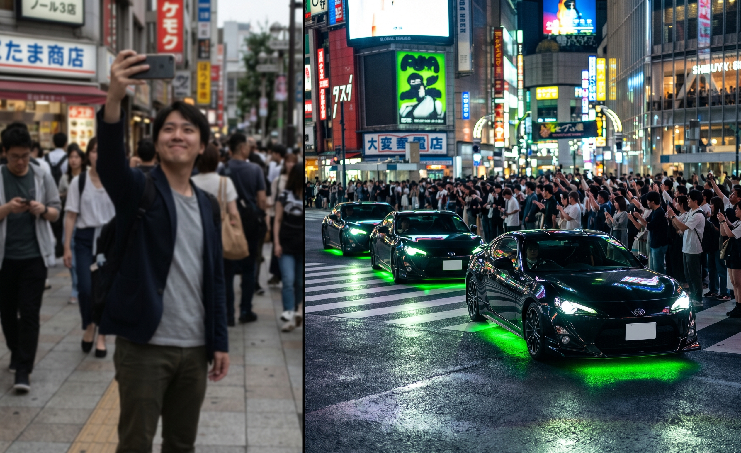 Comparison of a tourist taking a selfie on a crowded sidewalk versus the main character experience of driving a custom JDM sports car through neon-lit Tokyo.