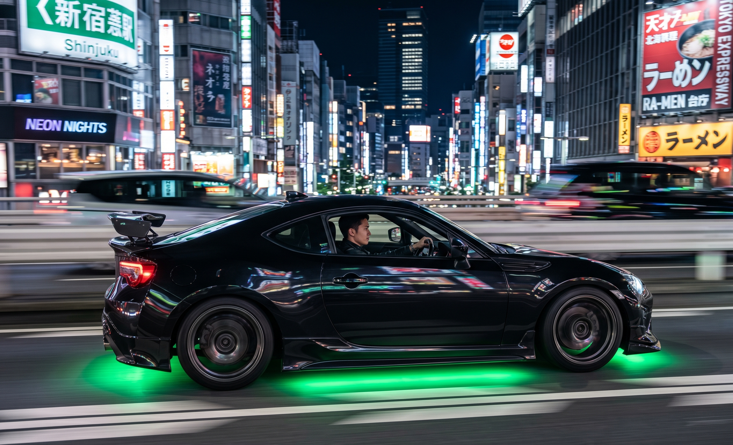 Professional automotive rolling shot of a customized Toyota 86 with green neon underglow speeding through the neon streets of Shinjuku, Tokyo at night.