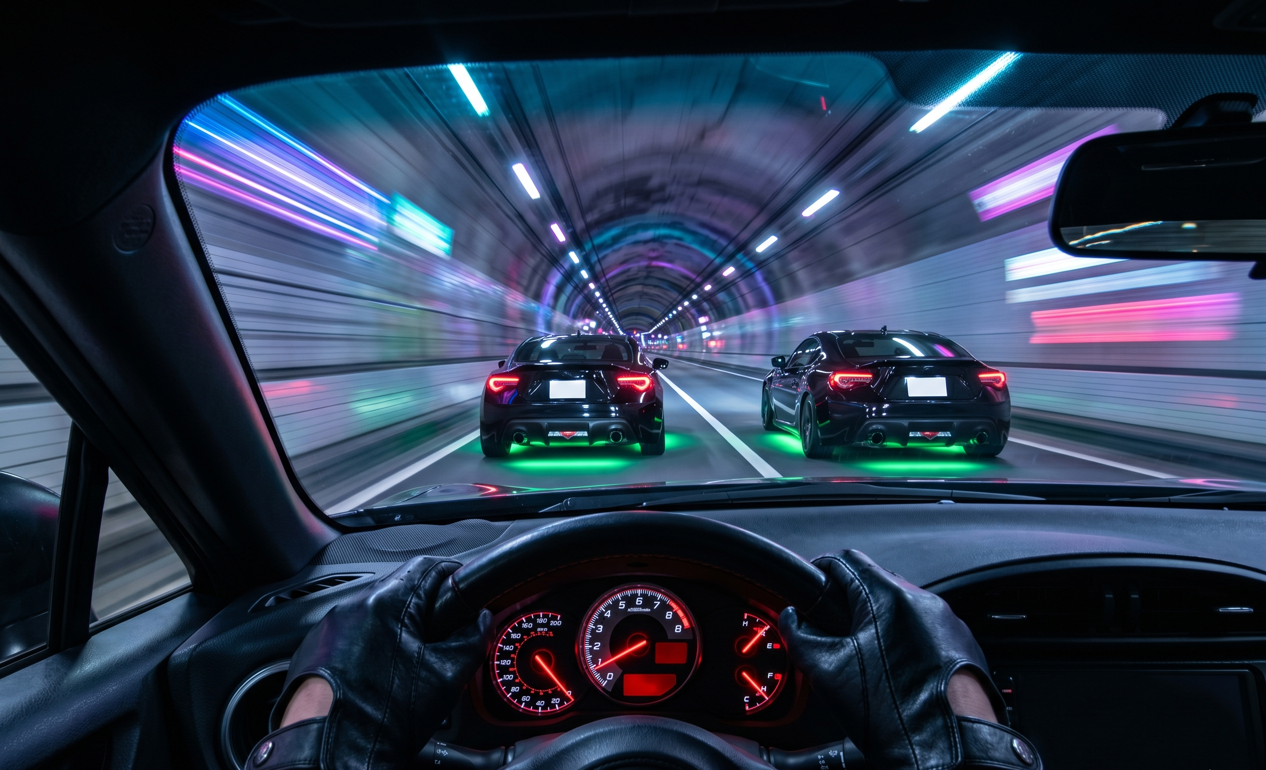 Cinematic cockpit view of custom JDM sports cars speeding through a neon-lit Tokyo highway tunnel, resembling a cyberpunk movie scene.