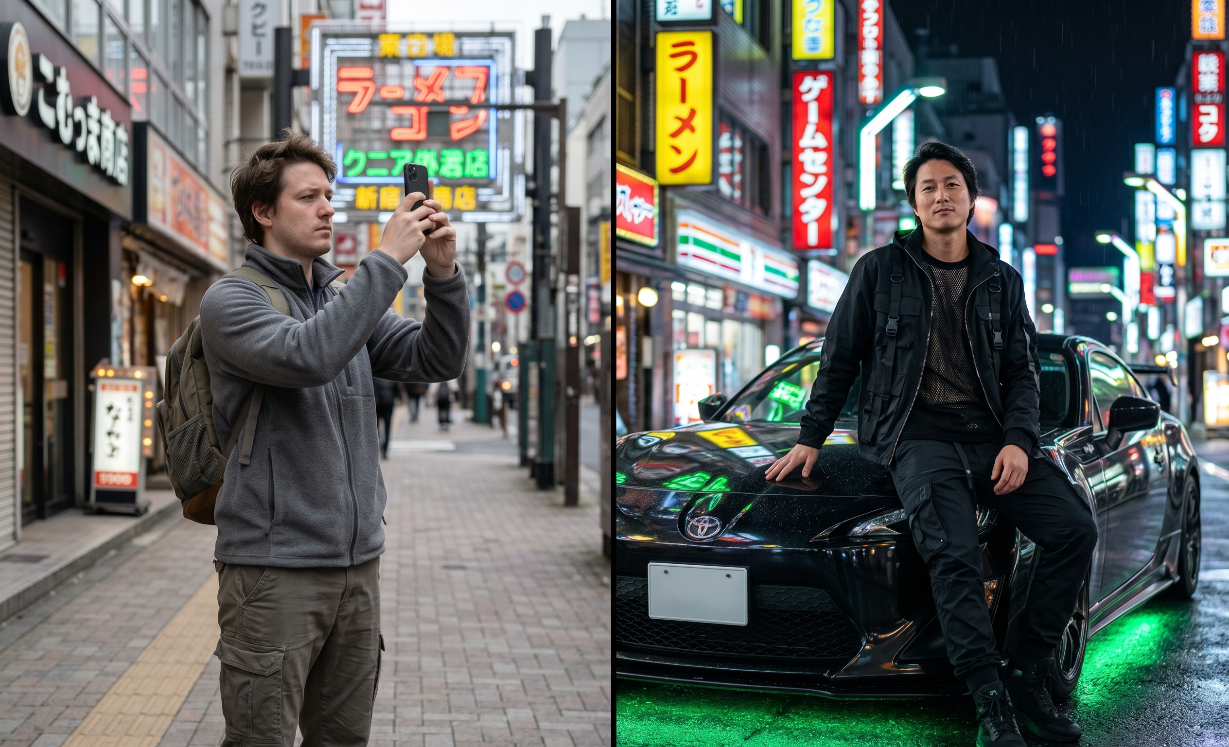 Comparison of a standard tourist taking photos on a sidewalk versus the main character experience of posing with a custom JDM sports car in neon-lit Tokyo.