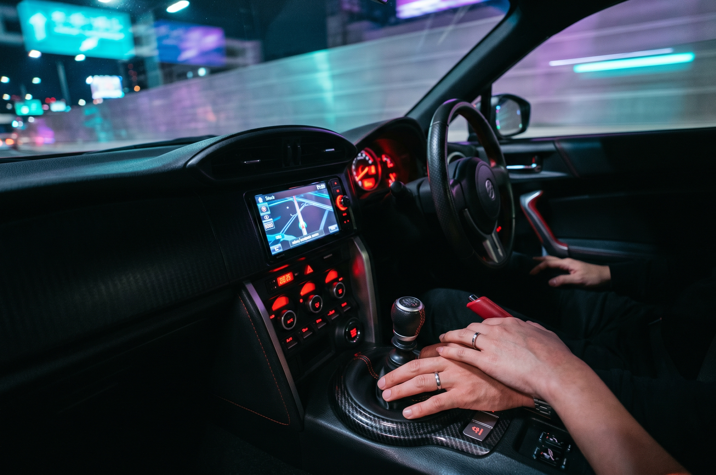 A couple holding hands inside the cockpit of a premium JDM sports car during a romantic, guided Tokyo night drive.