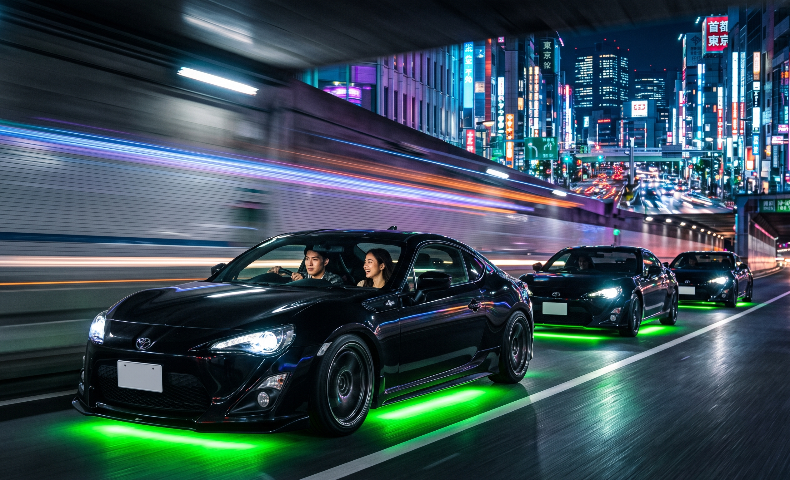 Professional automotive rolling shot of a couple driving a customized Toyota 86 through the neon-lit streets of Tokyo on an anniversary drive.