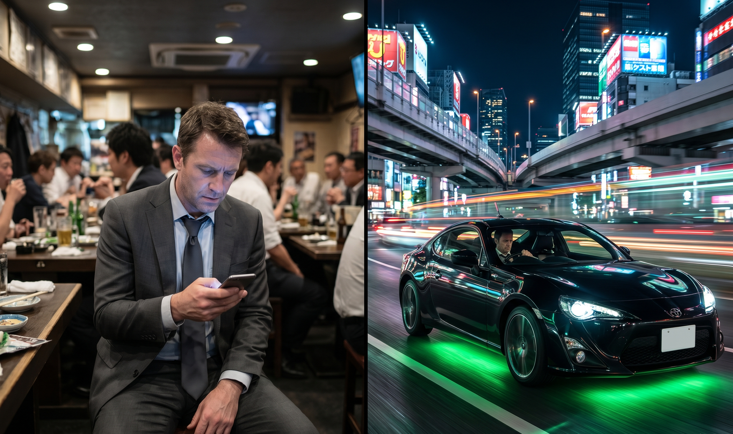 Comparison of a tired executive wasting time in a Tokyo Izakaya versus maximizing the evening by driving a premium JDM sports car on the neon highway.