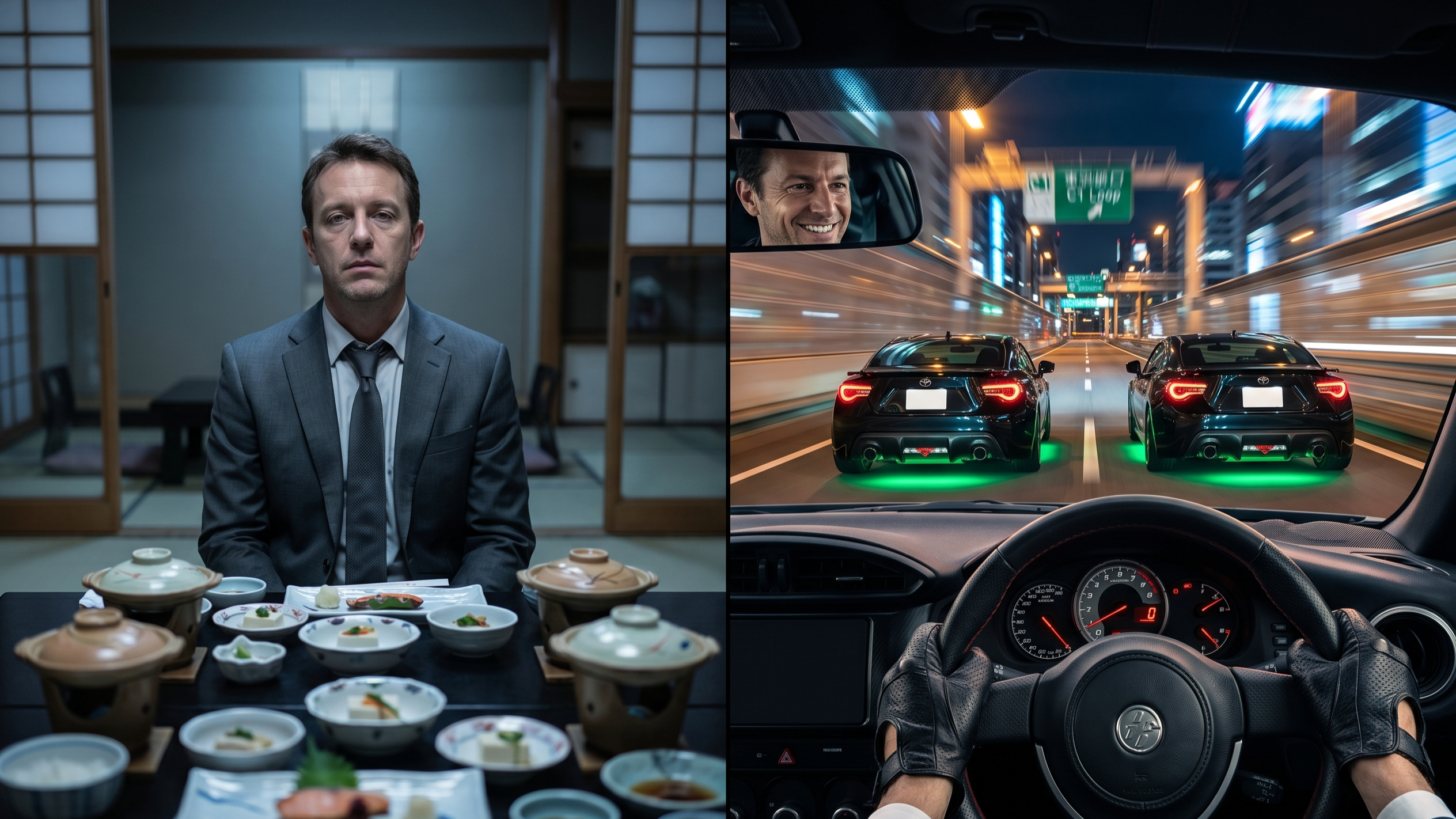 Comparison of a predictable corporate Kaiseki dinner versus the exhilarating Settai experience of a premium JDM night drive in Tokyo.