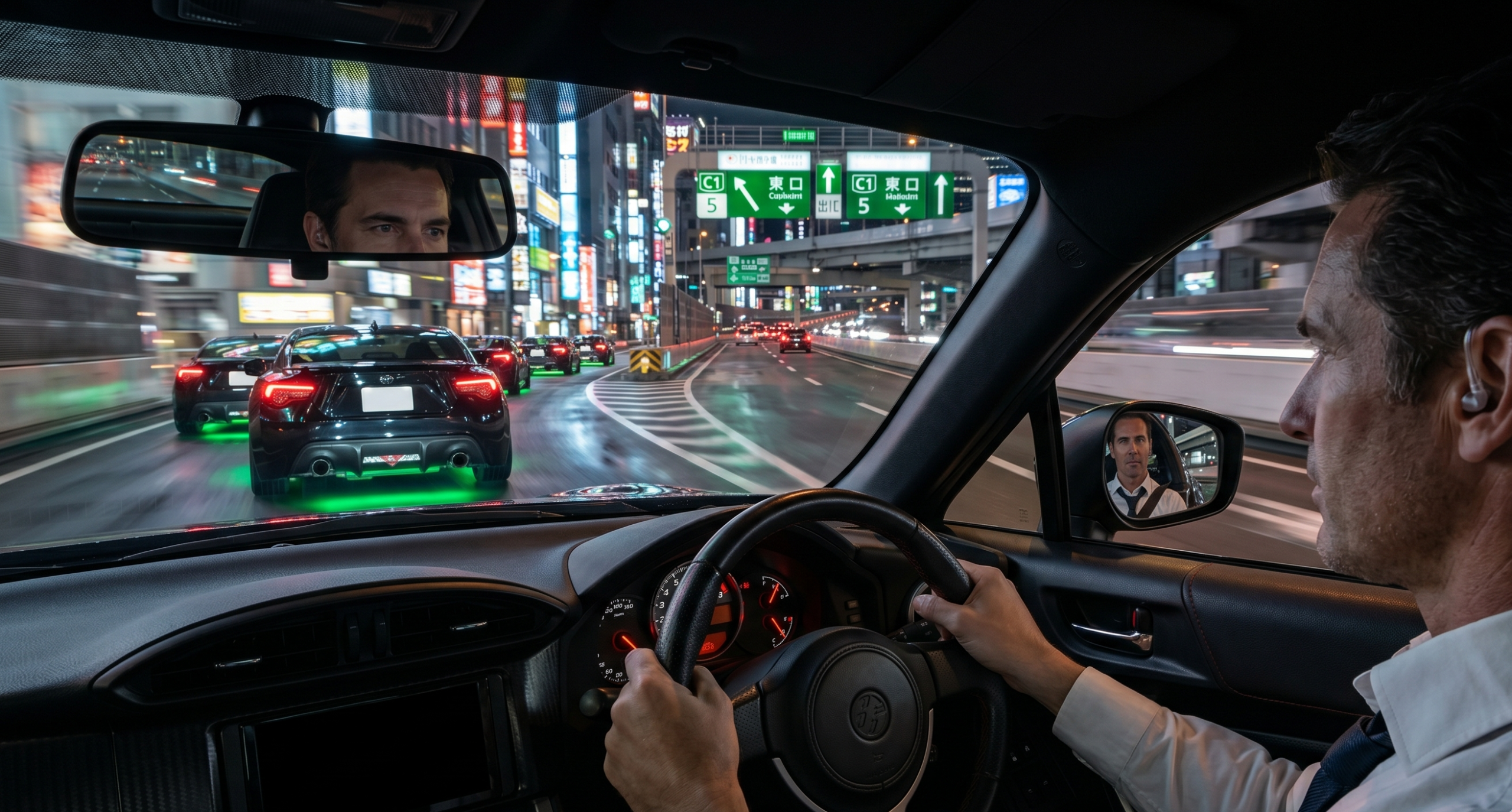 A corporate executive experiencing the ultimate stress relief by driving a premium JDM sports car on a neon-lit Tokyo highway.