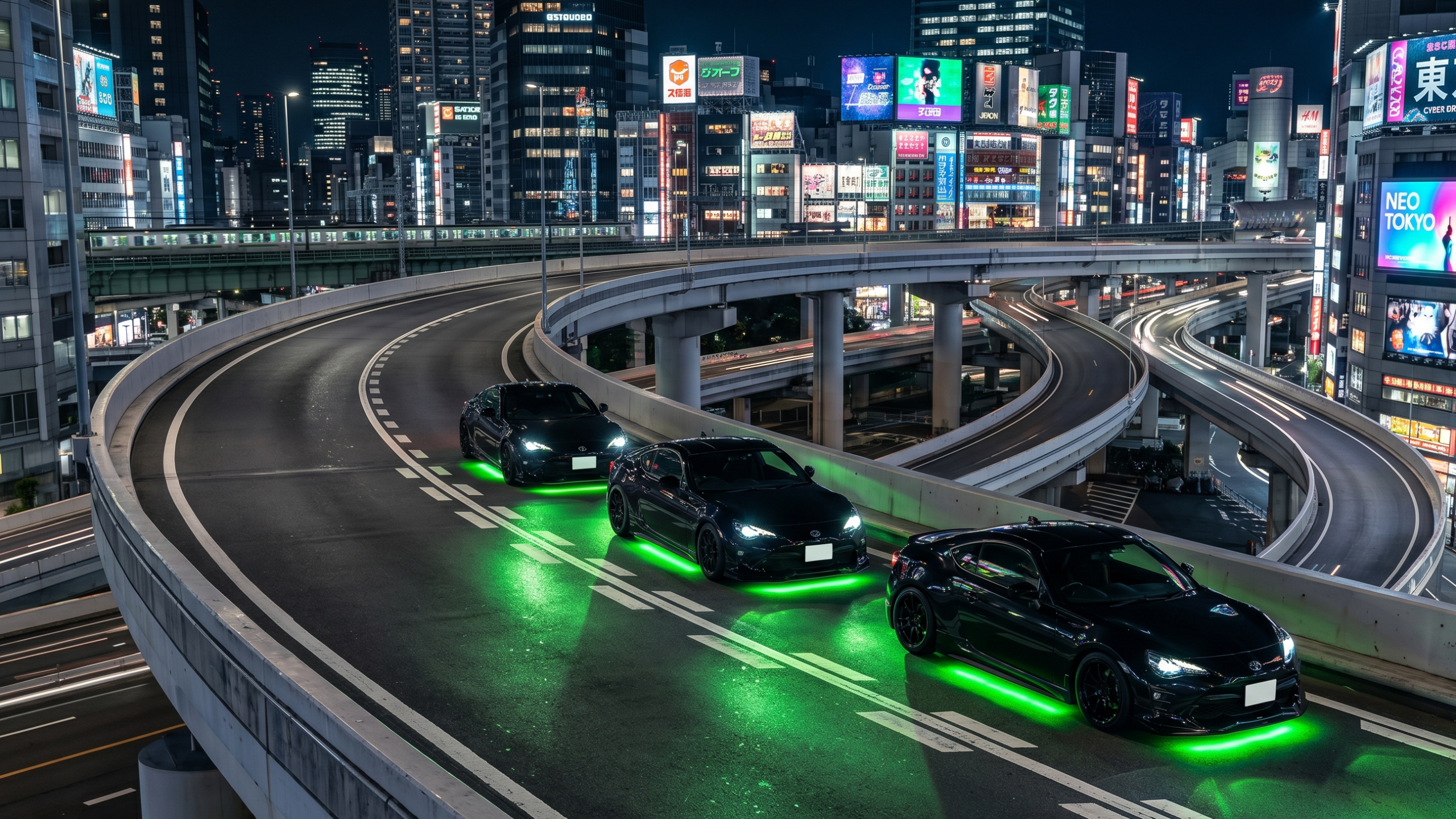 A premium guided convoy of custom JDM sports cars with green neon underglow navigating a complex Tokyo highway at night.