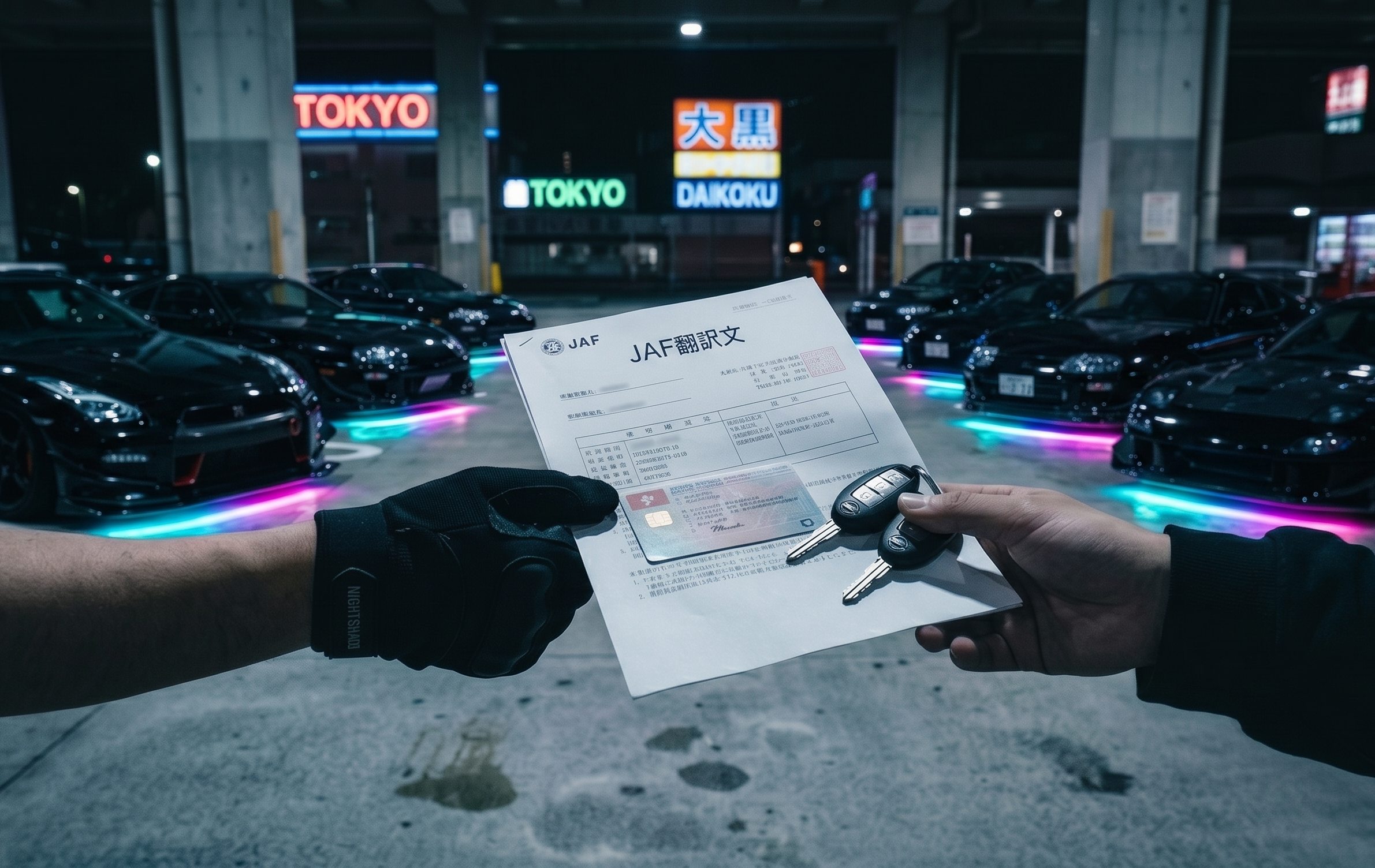 A NIGHTSHADE concierge handing over a printed JAF translation document and JDM car keys to a driver.